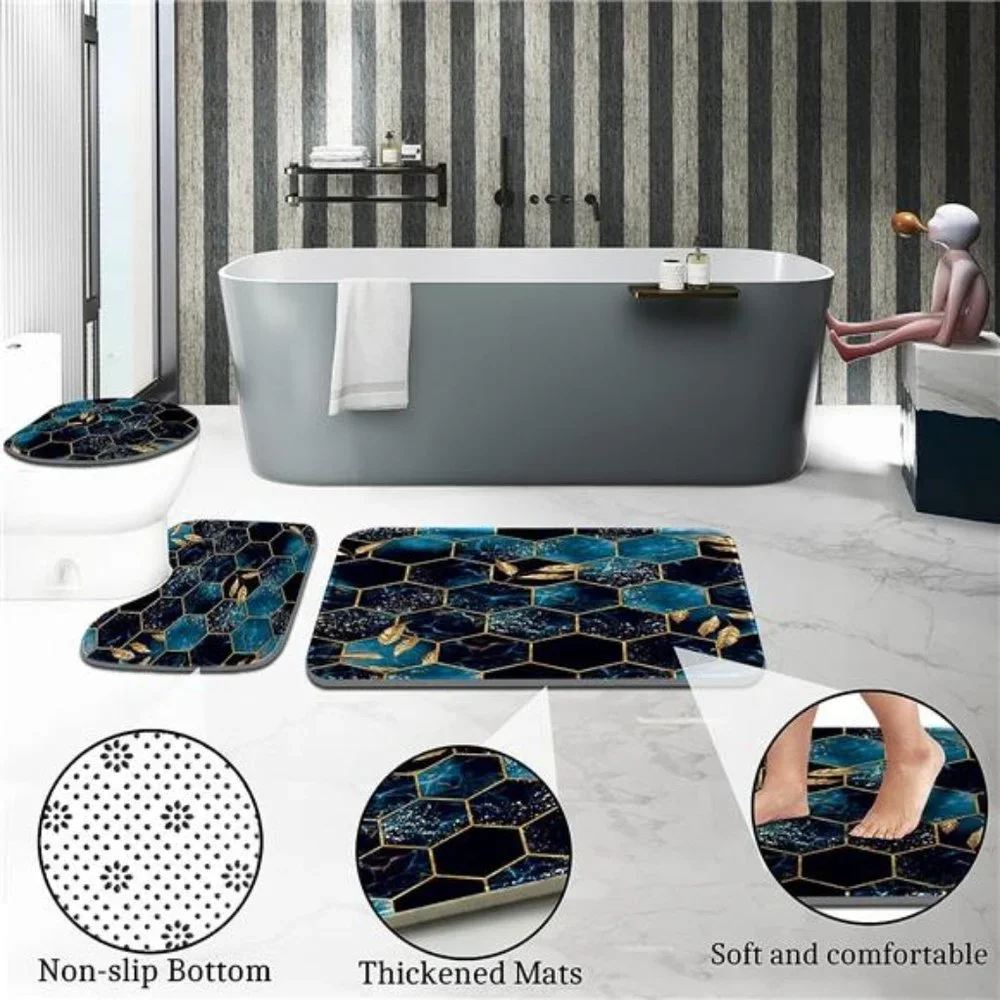 4 Pcs Bathroom Shower Curtain Set,Bathroom Sets with Rugs (Bath Mat,U Shape)